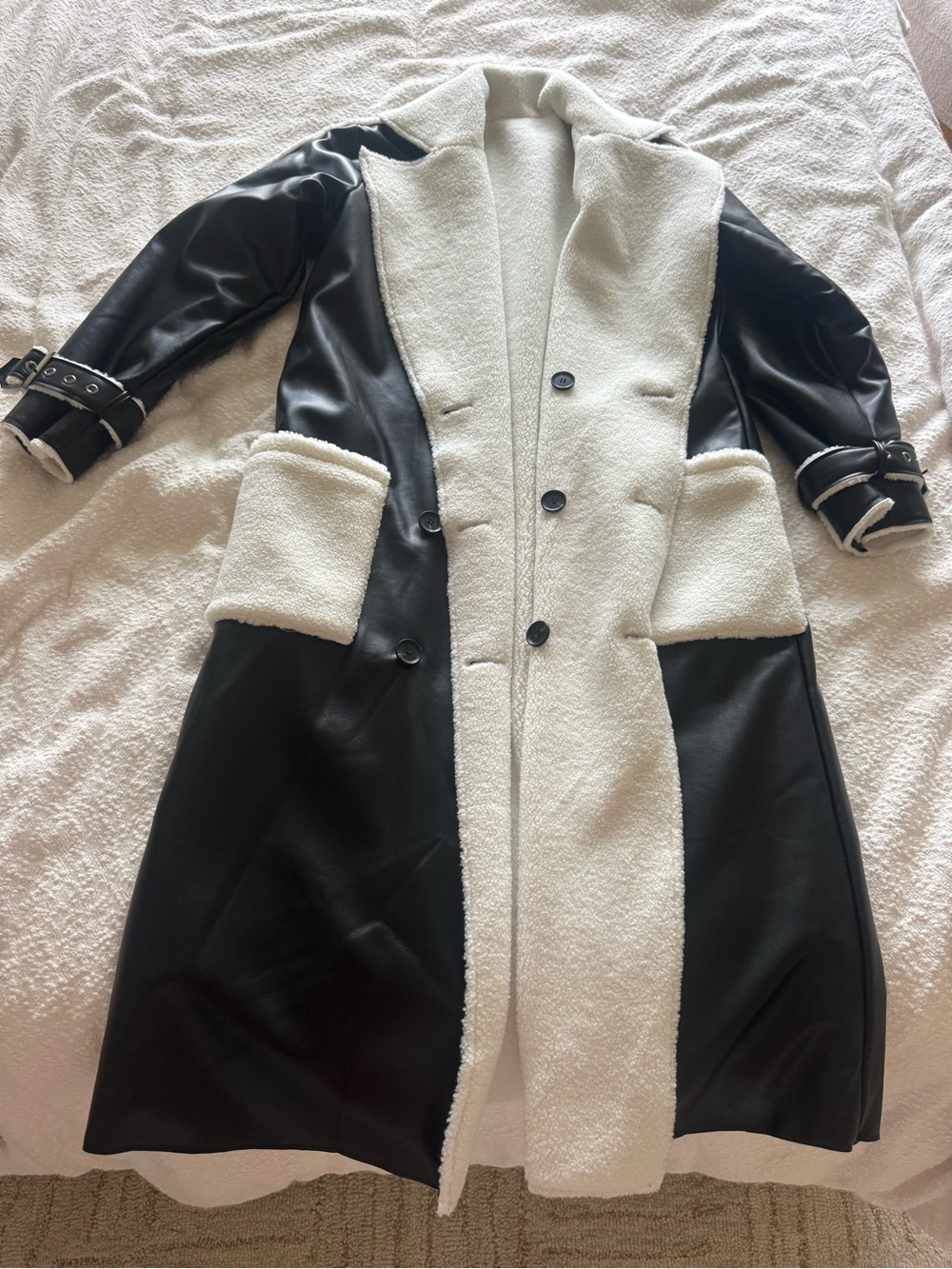 Black & White Faux Leather Sherpa-Trim REVERSIBLE Trench Coat